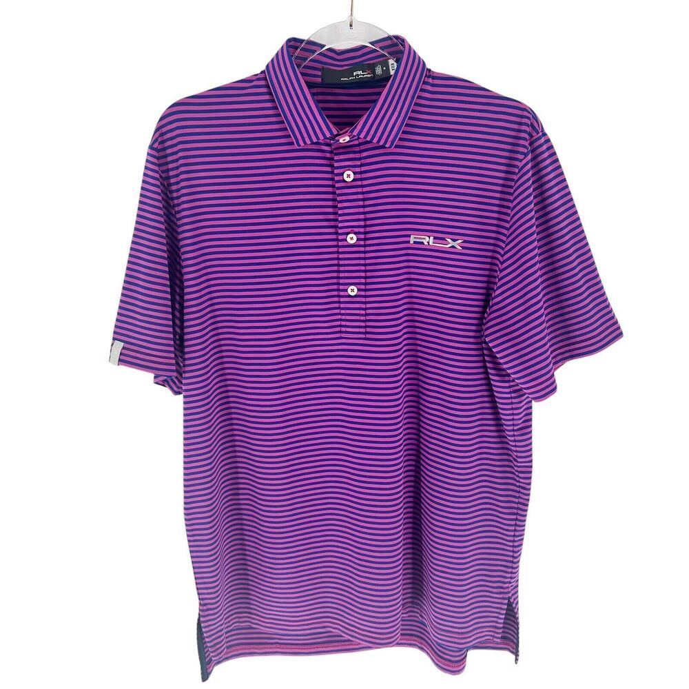 RLX Ralph Lauren Polo Shirt Mens Medium Blue Striped Short Sleeve Golf Golfer